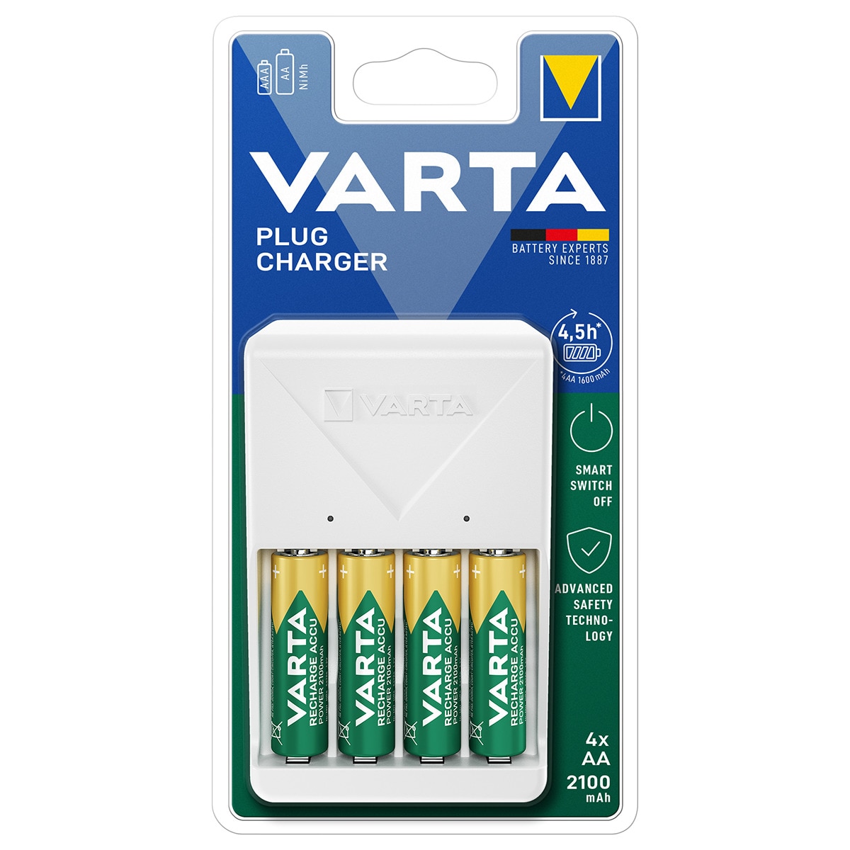 Imagen 0 de Cargador de pilas recargable Varta Plug Charger AA / AAA (incluye 4 bat. AA 2100mAh)