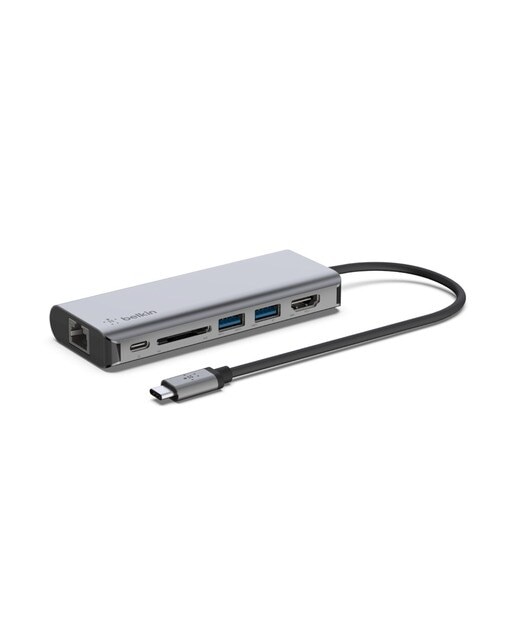 Adaptador Belkin USB-C 6 em 1(USB-C PD 3.0, 2x USB-A 3.0, 4K HDMI, Gigabit Ethernet, leitor de cartões SD ) + porta de carregamento USB-C 100W Cinzento-1