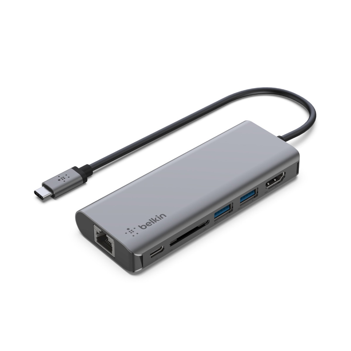 Adaptador Belkin USB-C 6 em 1(USB-C PD 3.0, 2x USB-A 3.0, 4K HDMI, Gigabit Ethernet, leitor de cartões SD ) + porta de carregamento USB-C 100W Cinzento-4