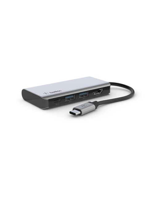 Adaptador Belkin USB-C 4 em 1 com portas (USB-C PD 3.0, 2x USB-A 3.0, 4K HDMI®) + carga USB-C 100 W + porta Gigabit Ethernet - Cinzento Cinzento-1
