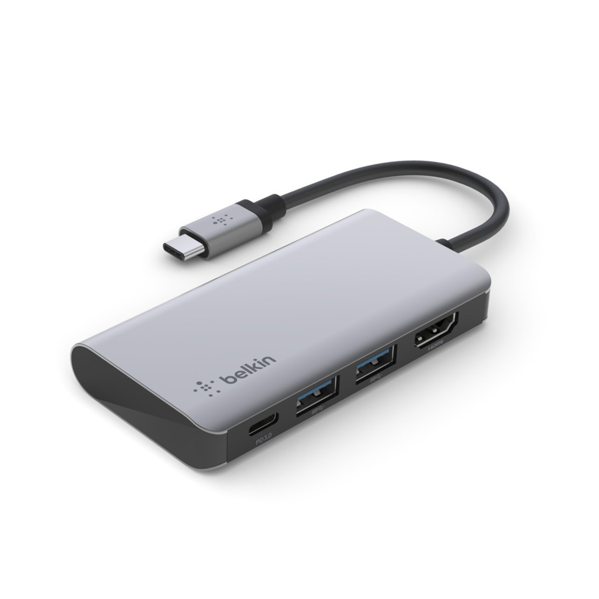 Adaptador Belkin USB-C 4 em 1 com portas (USB-C PD 3.0, 2x USB-A 3.0, 4K HDMI®) + carga USB-C 100 W + porta Gigabit Ethernet - Cinzento Cinzento-2