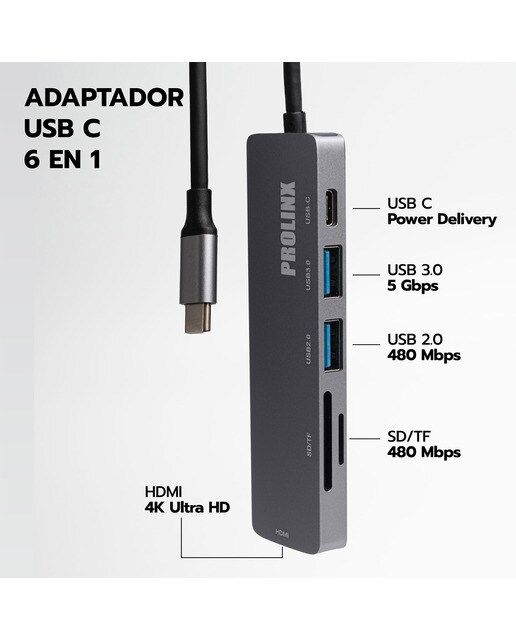 Hub Adaptador Prolinx Central Station USB-C 6 en 1 Gris metálico-3