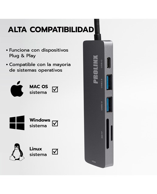 Hub Adaptador Prolinx Central Station USB-C 6 en 1 Gris metálico-7