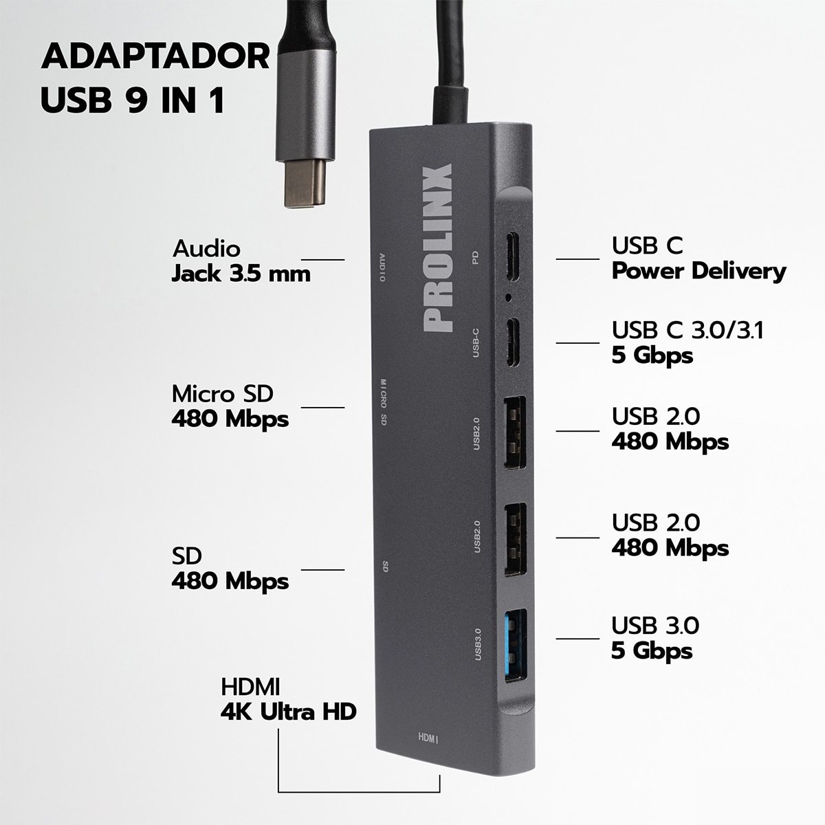 Hub Adaptador Prolinx Tipo C multipuerto 9 en 1 gris metálico Gris metálico-2