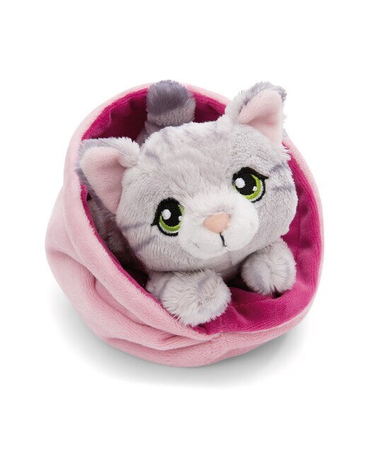 Peluche NICI gato cinzento às riscas no cesto rosa 12 centímetros 1
