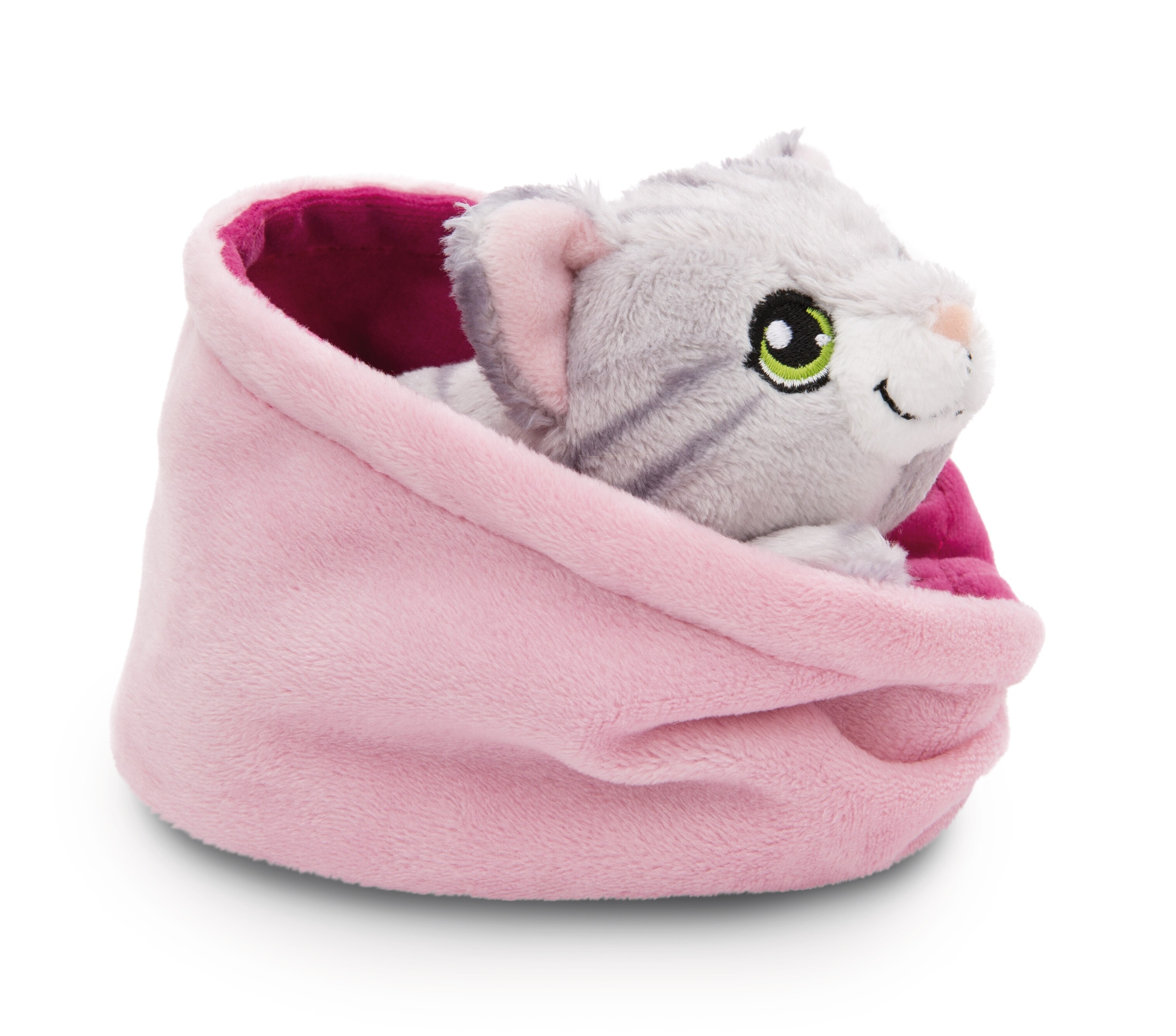 Peluche NICI gato cinzento às riscas no cesto rosa 12 centímetros 2
