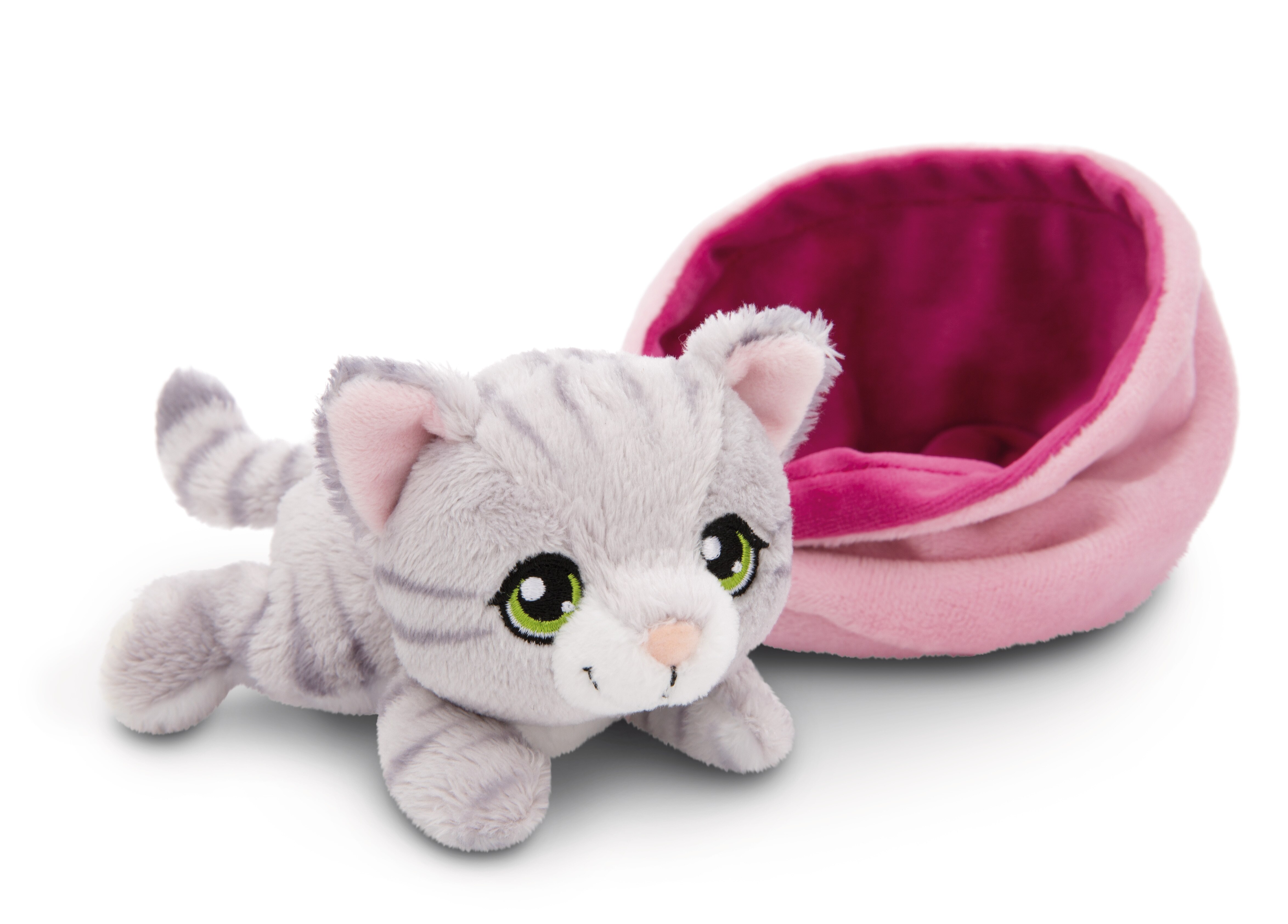 Peluche NICI gato cinzento às riscas no cesto rosa 12 centímetros 3