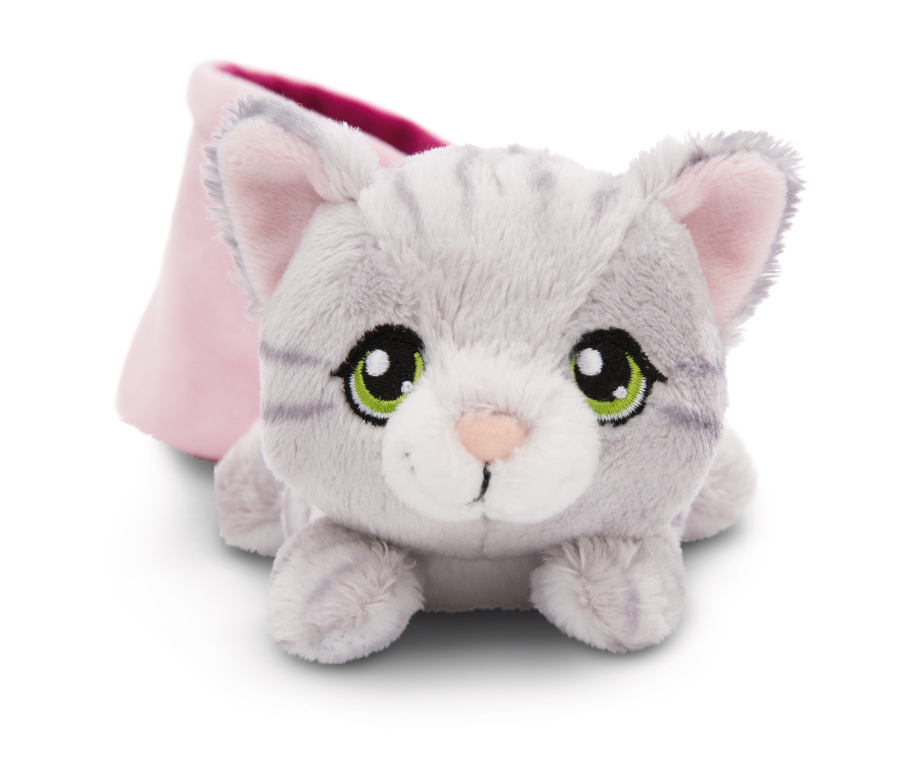Peluche NICI gato cinzento às riscas no cesto rosa 12 centímetros 5