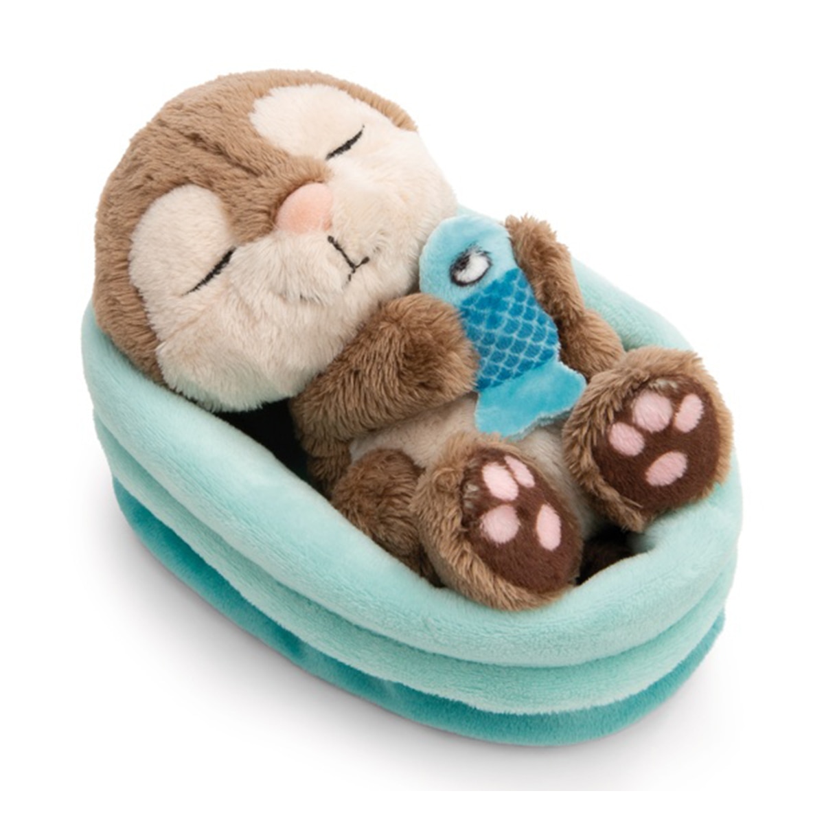 Peluche NICI lontra com peixe 12cm dormir no cesto azul 1