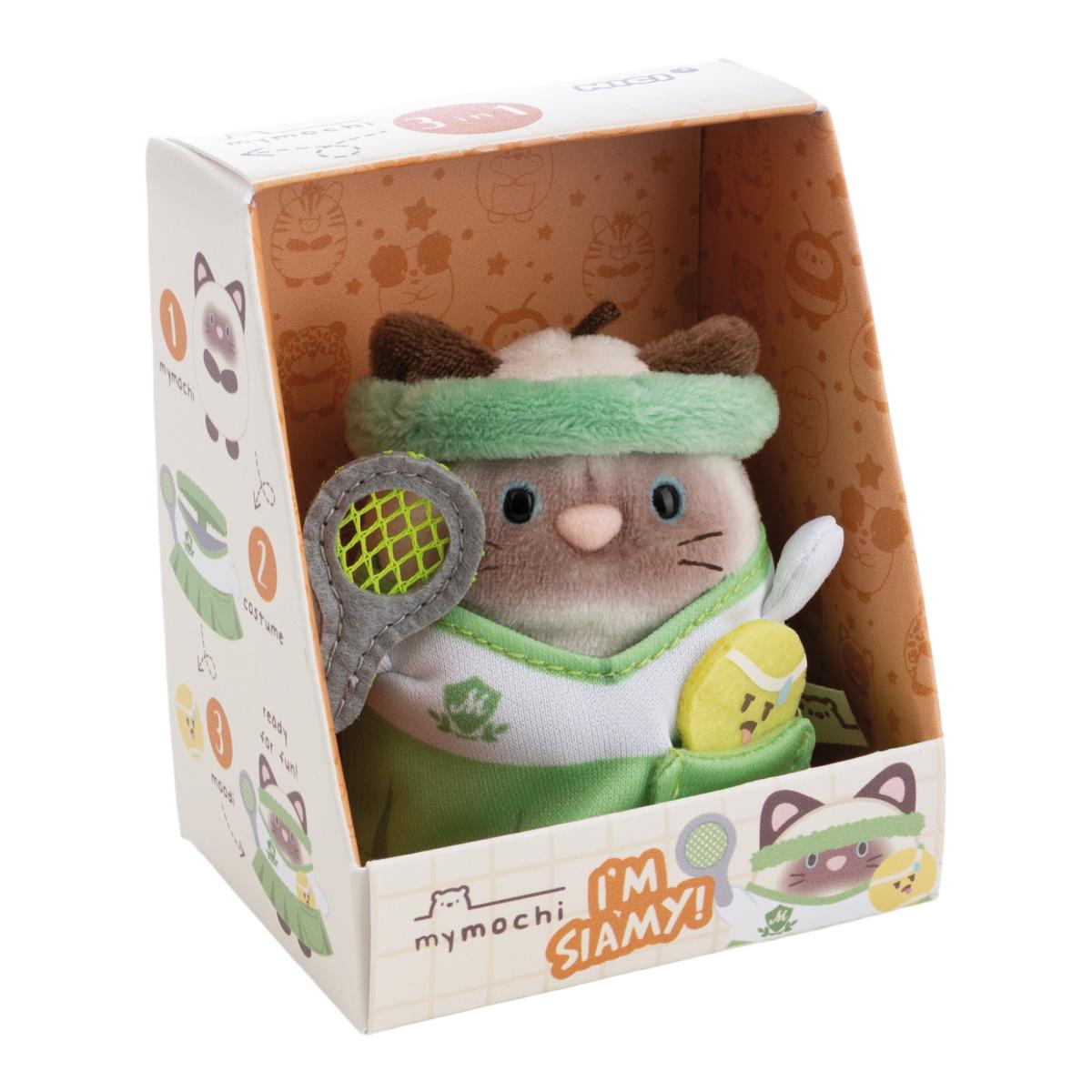 Peluche NICI Mymochi Gato Siamés Siamy com Disfarce de Tenista e uma Bola de Tenis 8cm 3