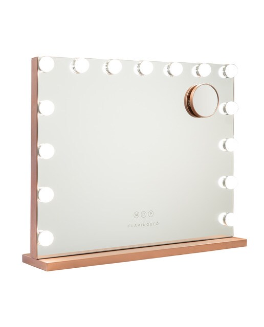 Espelho Flamingueo com base em rose gold e luzes LED estilo Hollywood 15 lâmpadas e 3 modos de iluminação 1