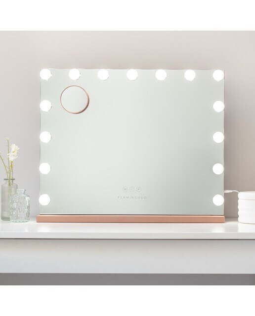 Espelho Flamingueo com base em rose gold e luzes LED estilo Hollywood 15 lâmpadas e 3 modos de iluminação 2