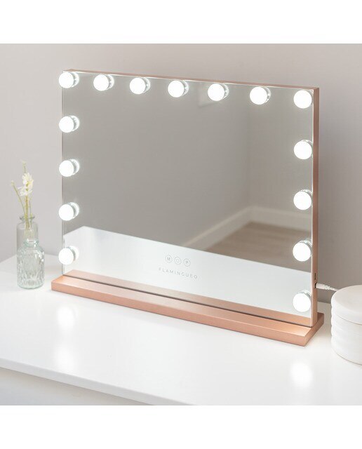 Espelho Flamingueo com base em rose gold e luzes LED estilo Hollywood 15 lâmpadas e 3 modos de iluminação 5