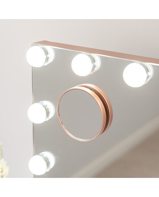 Espelho Flamingueo com base em rose gold e luzes LED estilo Hollywood 15 lâmpadas e 3 modos de iluminação 7
