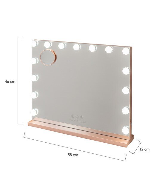 Espelho Flamingueo com base em rose gold e luzes LED estilo Hollywood 15 lâmpadas e 3 modos de iluminação 9