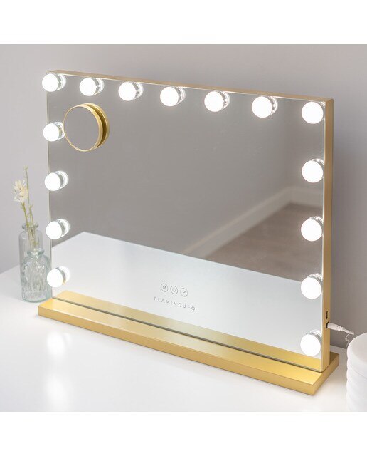 Espelho Flamingueo com base dourada e luzes LED estilo Hollywood 15 lâmpadas e 3 modos de iluminação 2