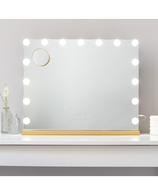 Espelho Flamingueo com base dourada e luzes LED estilo Hollywood 15 lâmpadas e 3 modos de iluminação 4