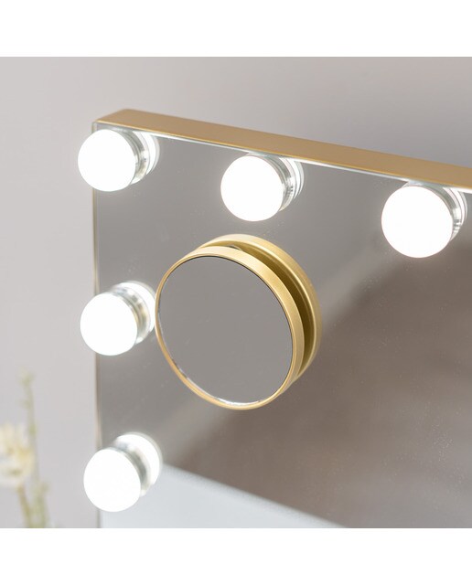 Espelho Flamingueo com base dourada e luzes LED estilo Hollywood 15 lâmpadas e 3 modos de iluminação 5
