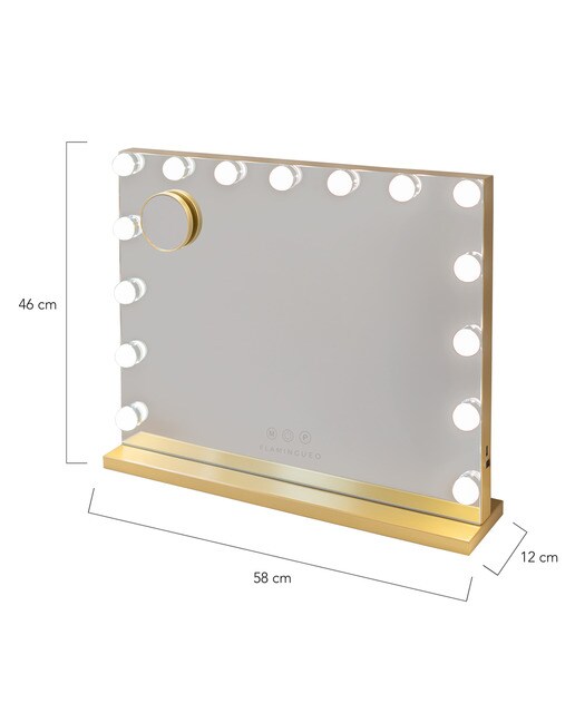 Espelho Flamingueo com base dourada e luzes LED estilo Hollywood 15 lâmpadas e 3 modos de iluminação 10