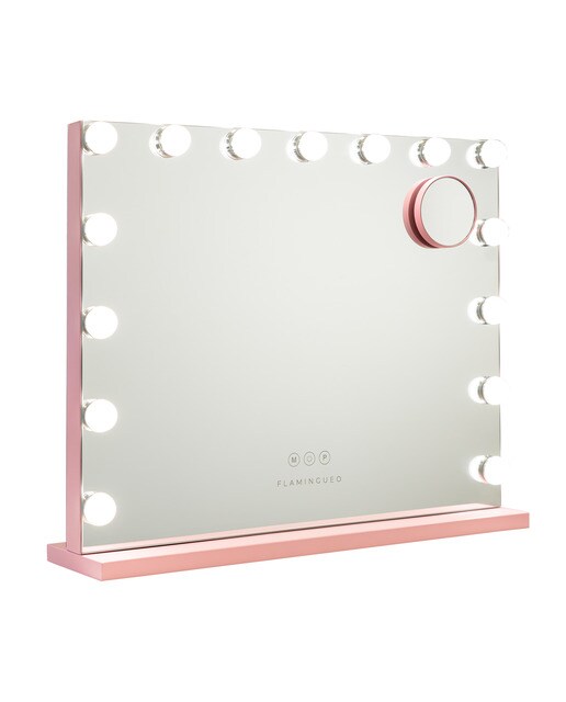 Espelho Flamingueo com base rosa e luzes LED estilo Hollywood 15 lâmpadas e 3 modos de iluminação 1