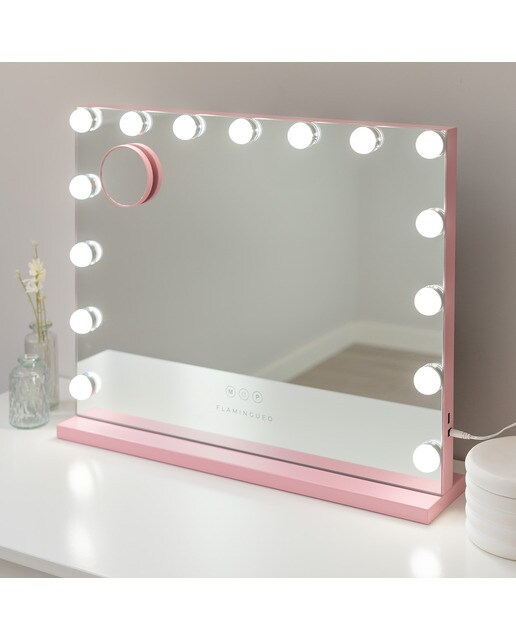 Espelho Flamingueo com base rosa e luzes LED estilo Hollywood 15 lâmpadas e 3 modos de iluminação 2