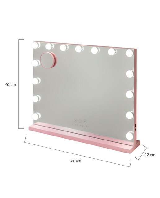 Espelho Flamingueo com base rosa e luzes LED estilo Hollywood 15 lâmpadas e 3 modos de iluminação 10