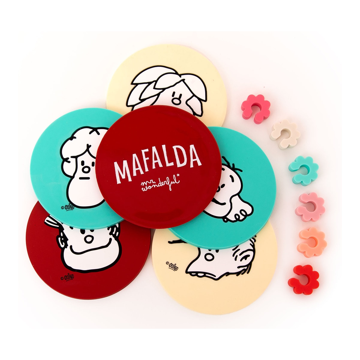 Conjunto Mr Wonderful  de 6 Bases para Copos + 6 Identificadores de Copos - Mafalda 2