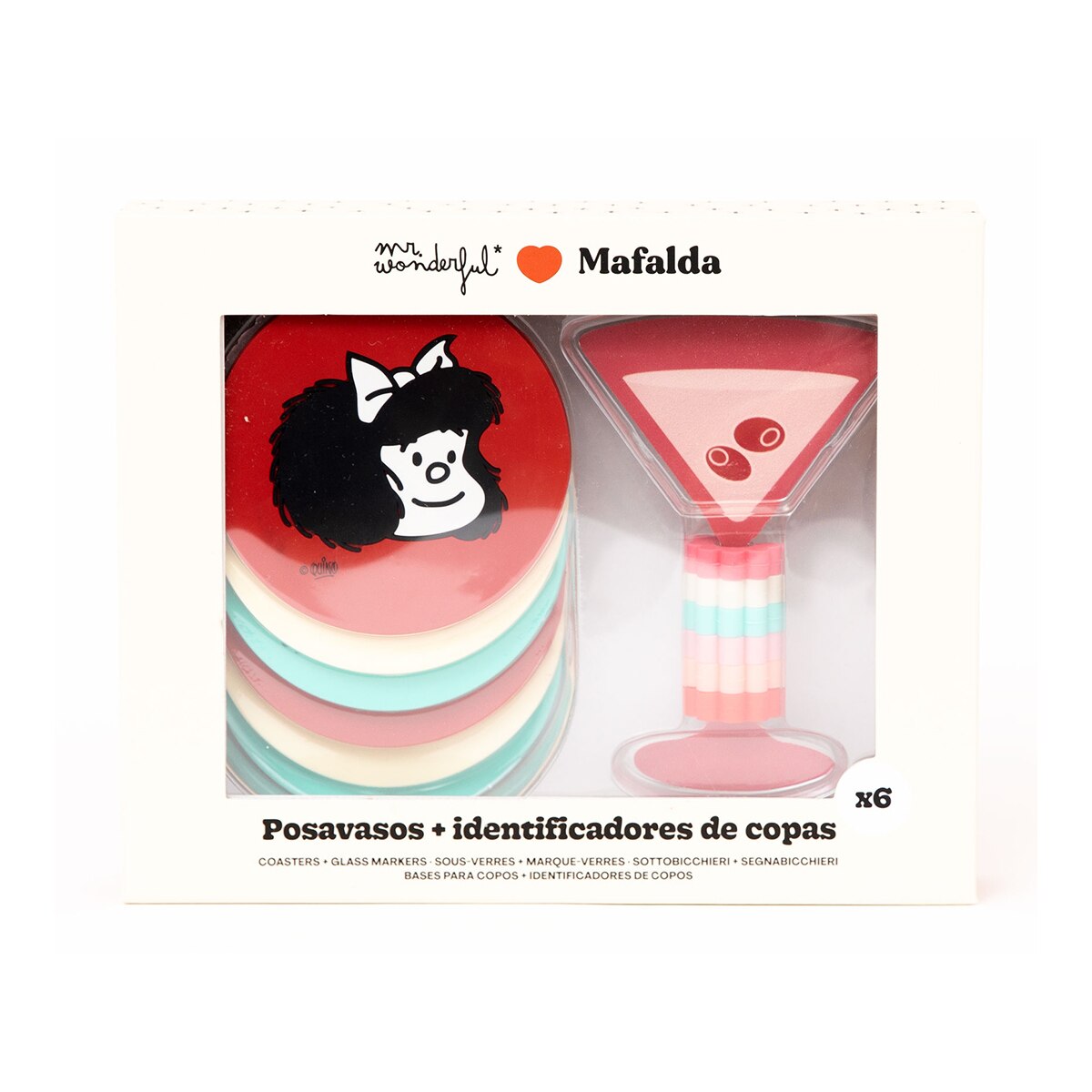 Conjunto Mr Wonderful  de 6 Bases para Copos + 6 Identificadores de Copos - Mafalda 4