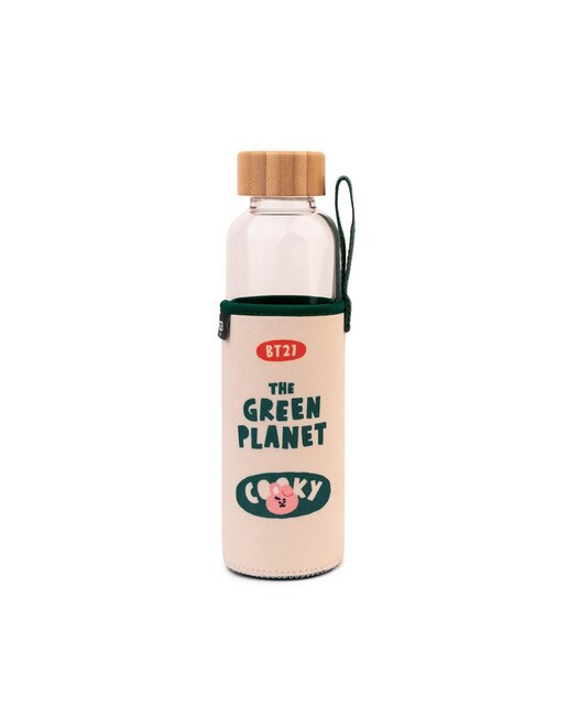Garrafa BT21 Cooky de Vidro - Bege/Verde 2