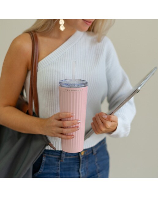 Copo de aço inoxidável cor-de-rosa Flamingueo com palhinha 2