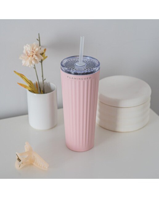 Copo de aço inoxidável cor-de-rosa Flamingueo com palhinha 3