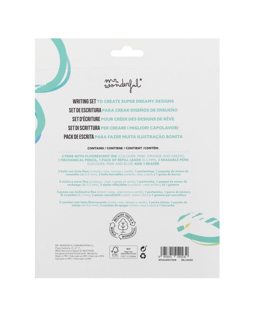 Imagen 7 de Set de escritura bolígrafos flúor, portaminas, bolis borrables Mr Wonderful para crear diseños de ensueño.