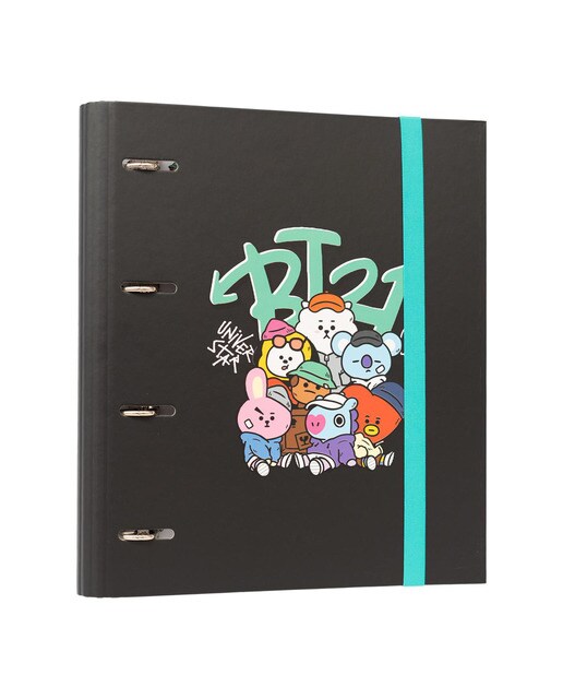 Pasta de 4 Argolas Premium BT21 Street Mood - Preto/Azul 1