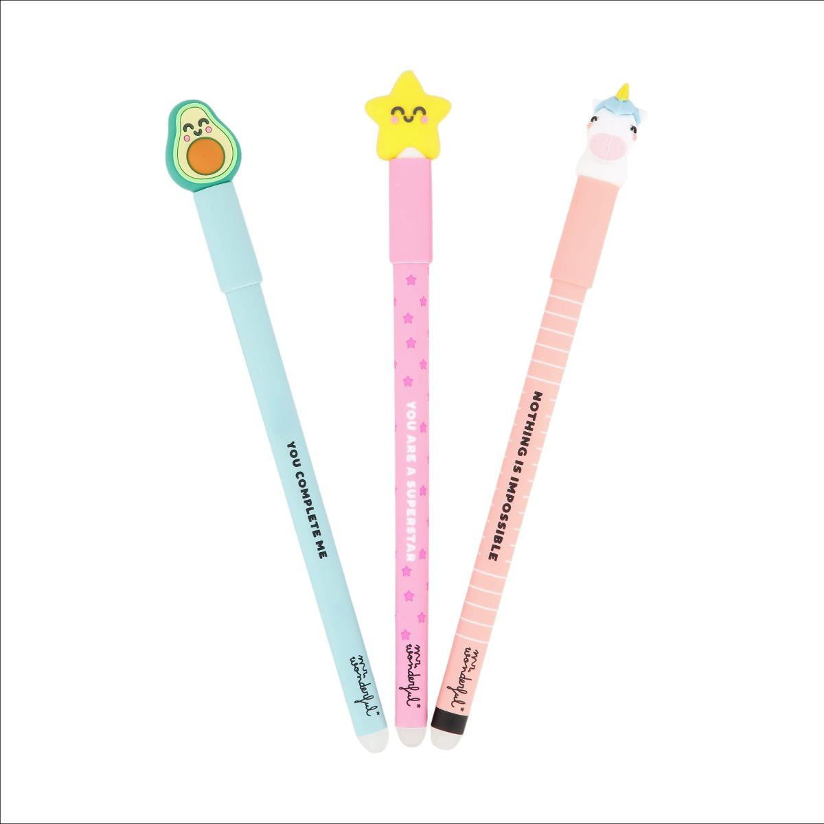 Set 3 bolis borrables Mr Wonderful: Estrella, aguacate, unicornio. 1