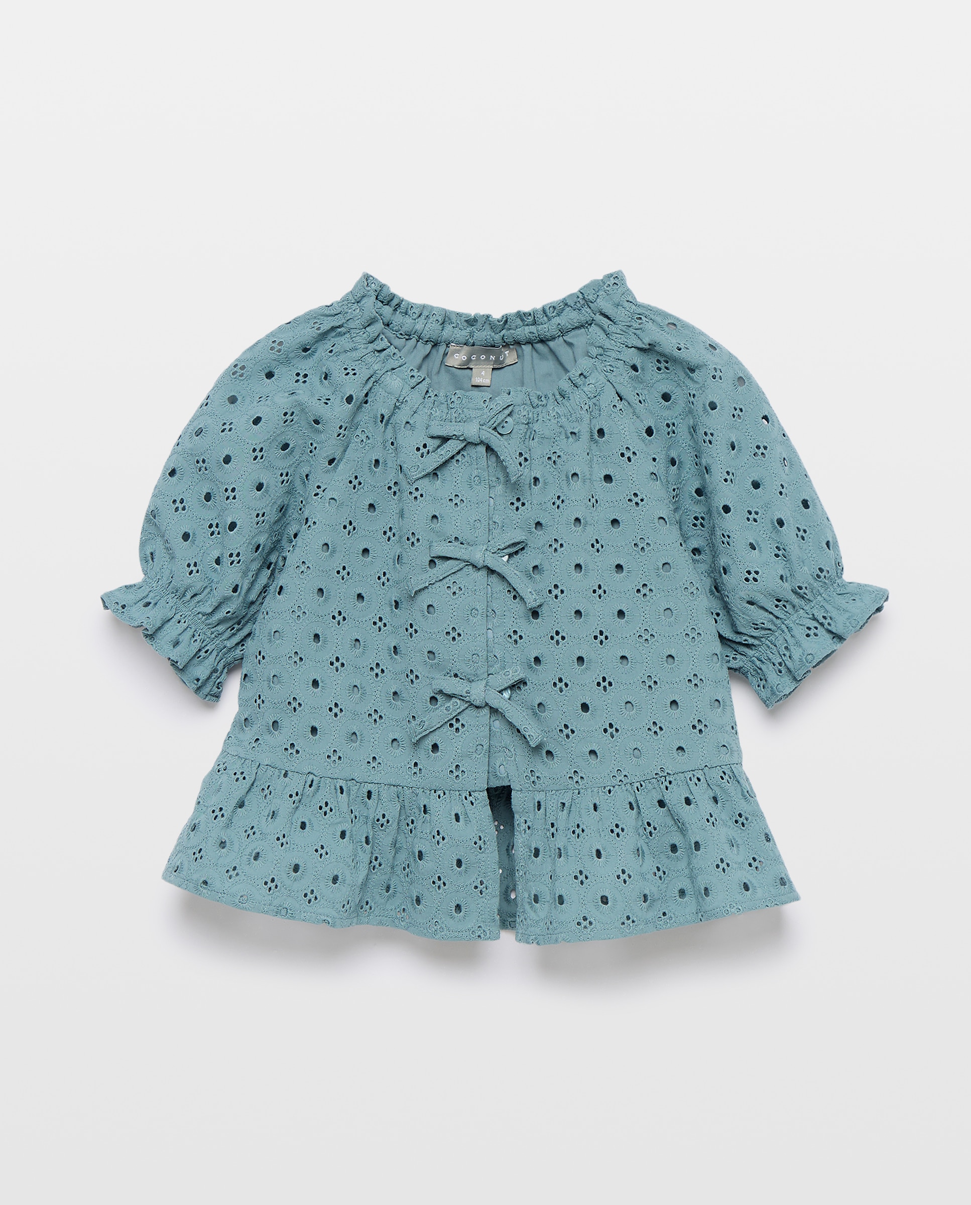 Blusa de Manga Curta com Laços e Bordado Suíço 530 Verde Escuro-5