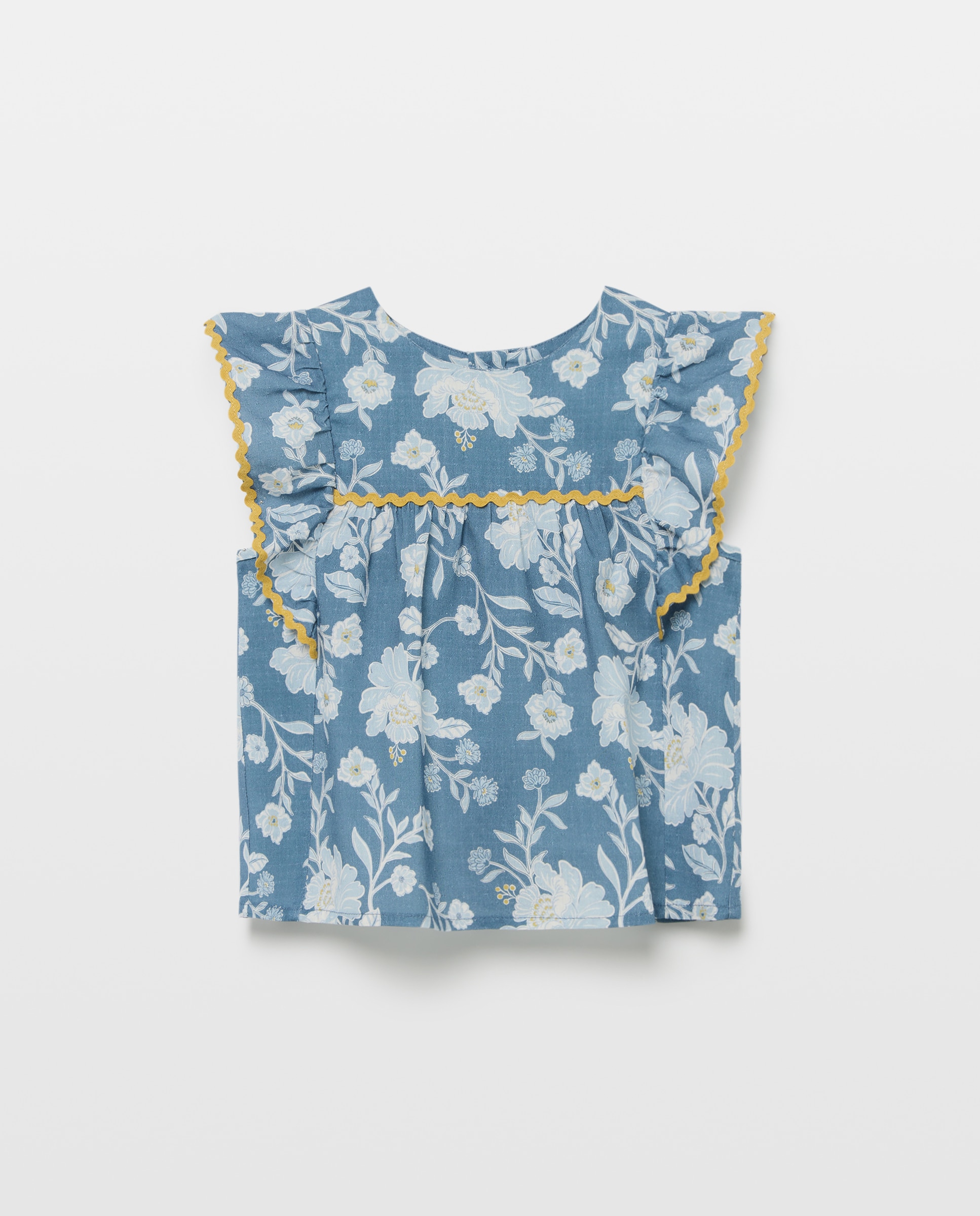 Blusa de Manga Curta com Gola com Fita Ondulada e All Over Print Floral Azul-4