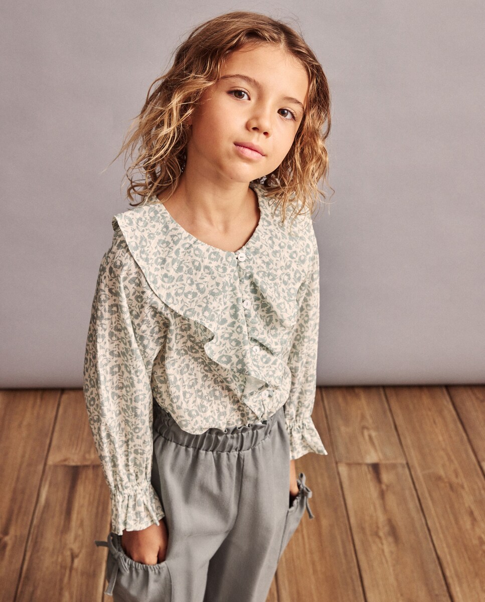 Blusa de Manga Comprida com Folhos, All Over Print Bicolor e Estrutura Verde-2