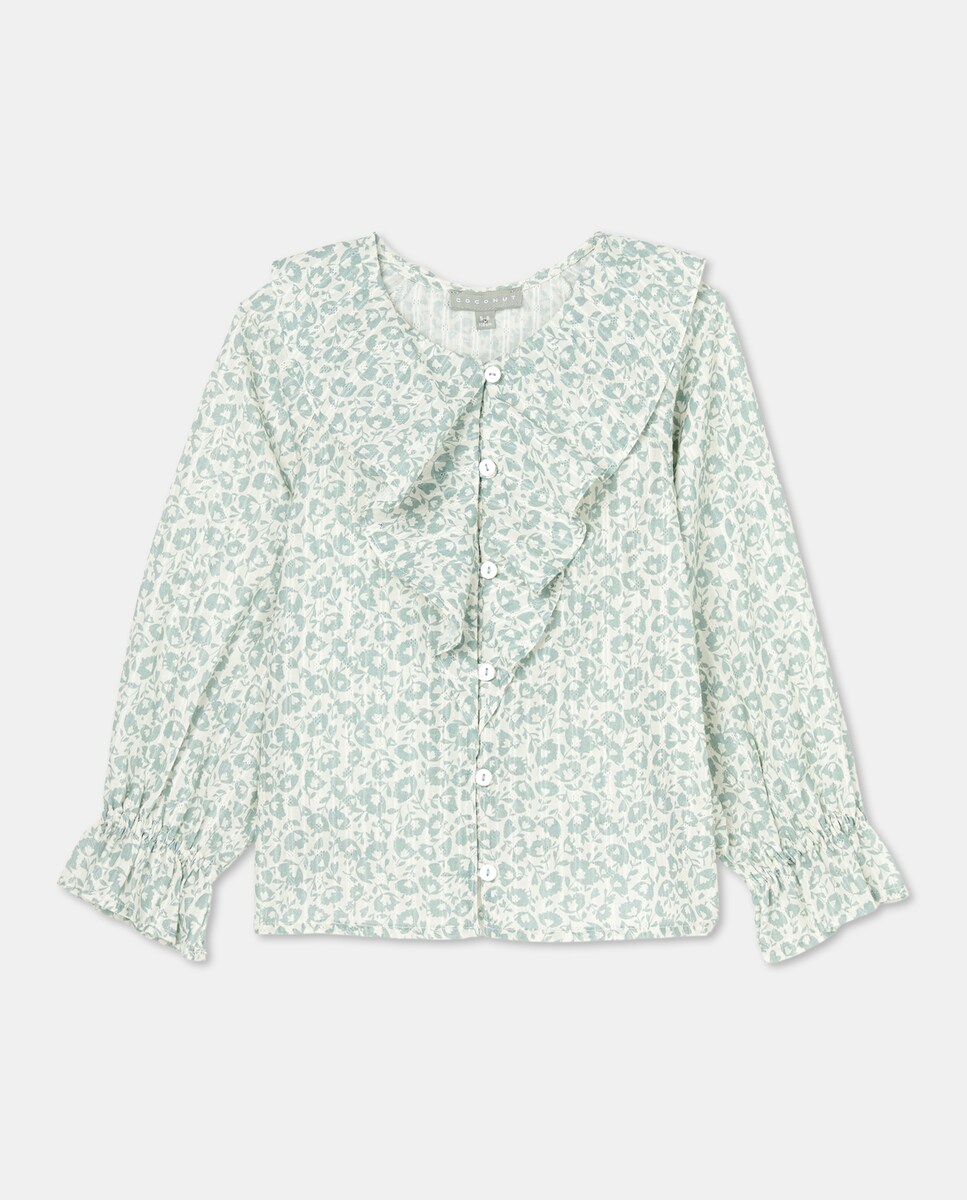 Blusa de Manga Comprida com Folhos, All Over Print Bicolor e Estrutura Verde-4