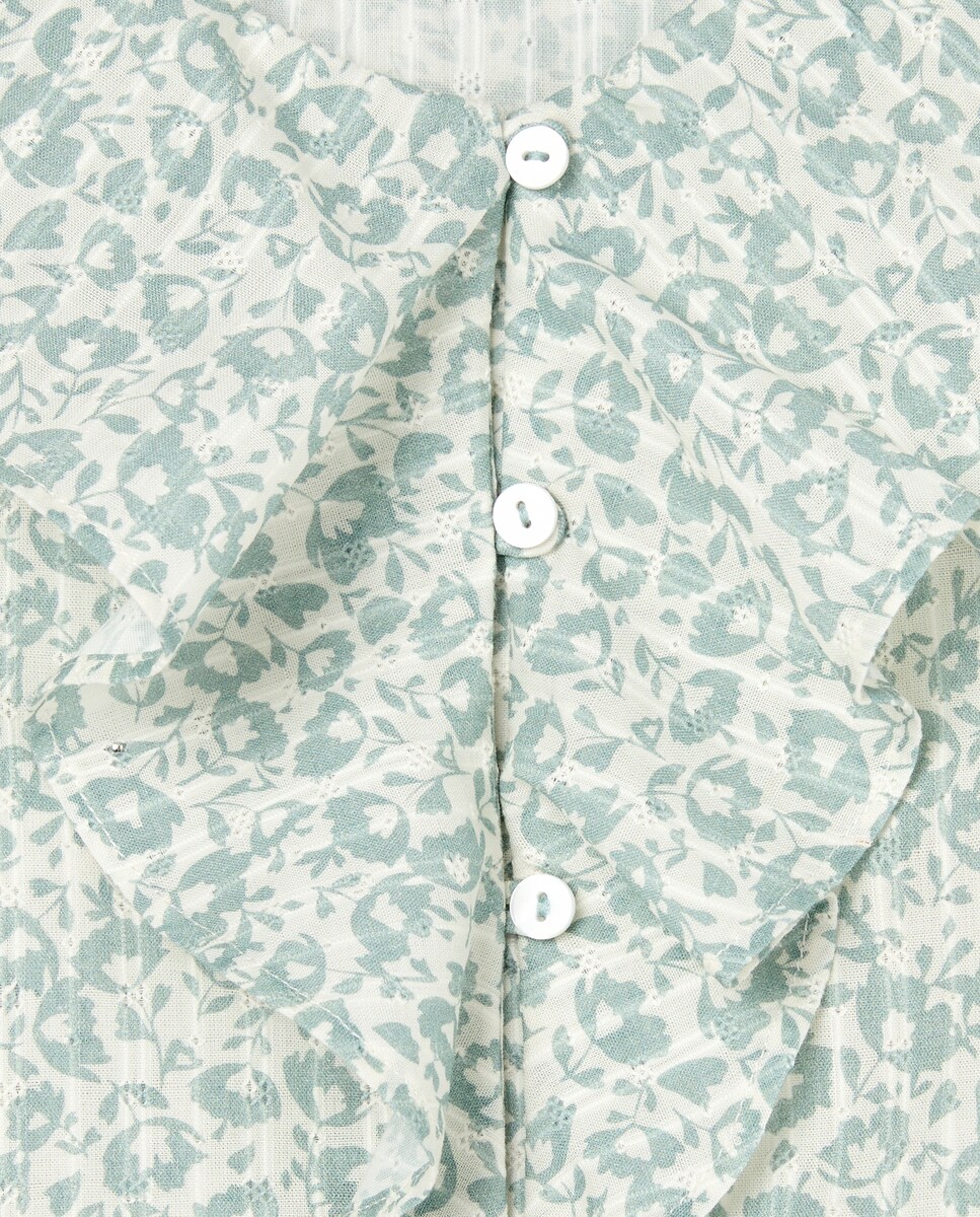 Blusa de Manga Comprida com Folhos, All Over Print Bicolor e Estrutura Verde-5