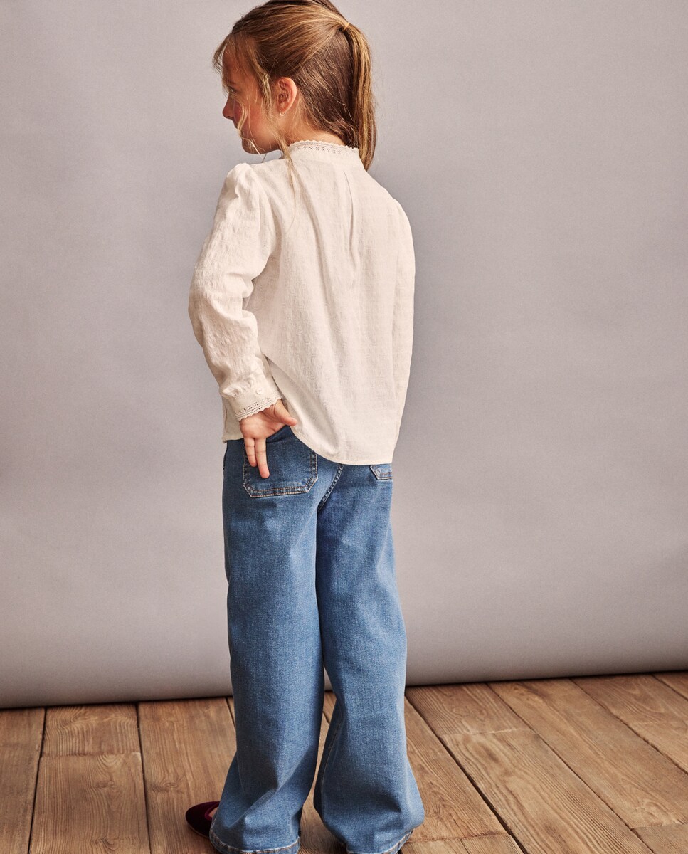 Blusa de Manga Comprida Romântica com Renda Branco-2