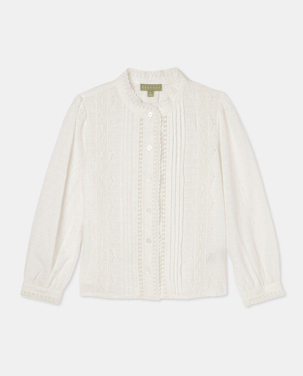 Blusa de Manga Comprida Romântica com Renda Branco-3