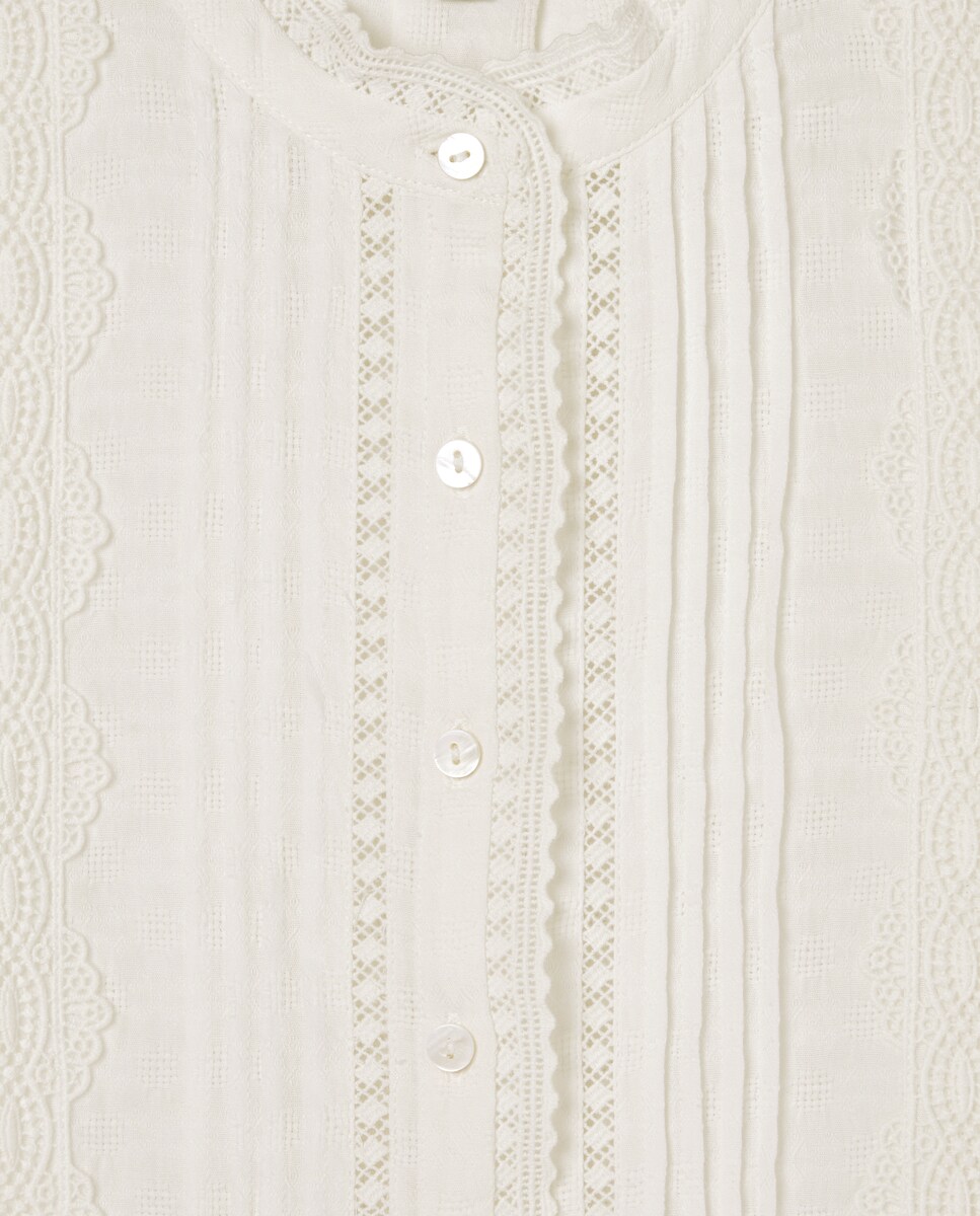 Blusa de Manga Comprida Romântica com Renda Branco-4