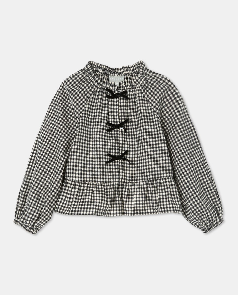 Blusa de Manga Comprida em Balão com Laços e Vichy Pequeno (4x4) Preto-5