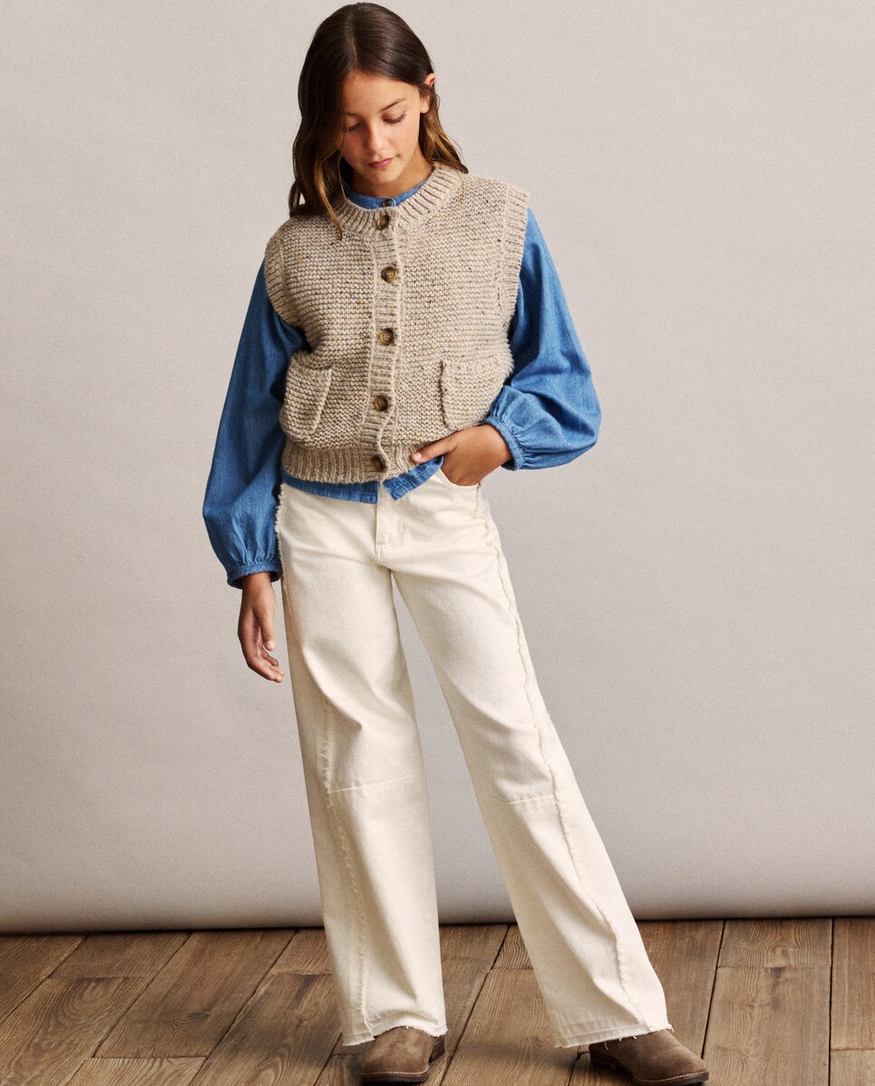 Blusa em Tecido de Ganga com volume e Manga Comprida Azul pálido-2