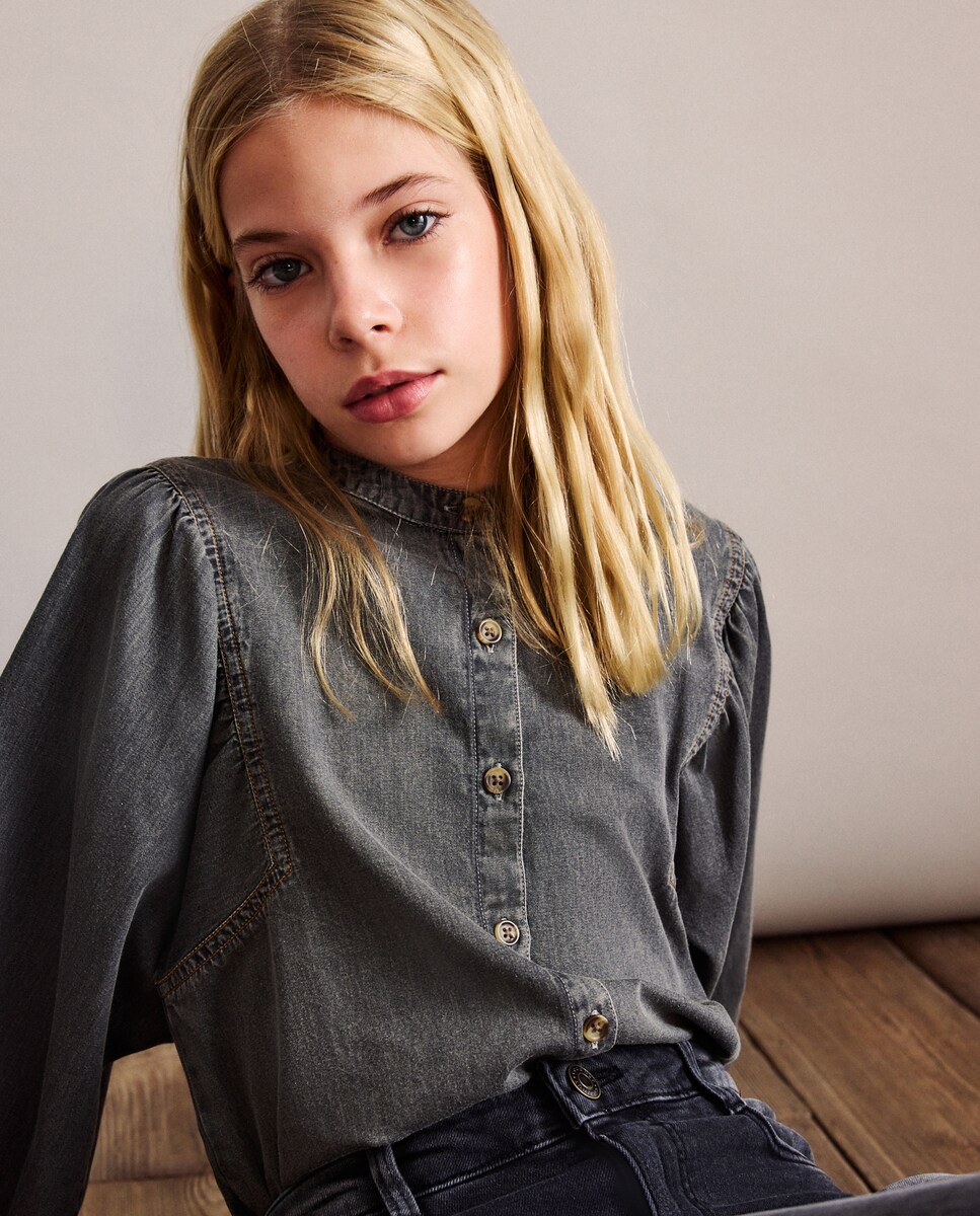 Blusa em Tecido de Ganga com volume e Manga Comprida Cinzento-2