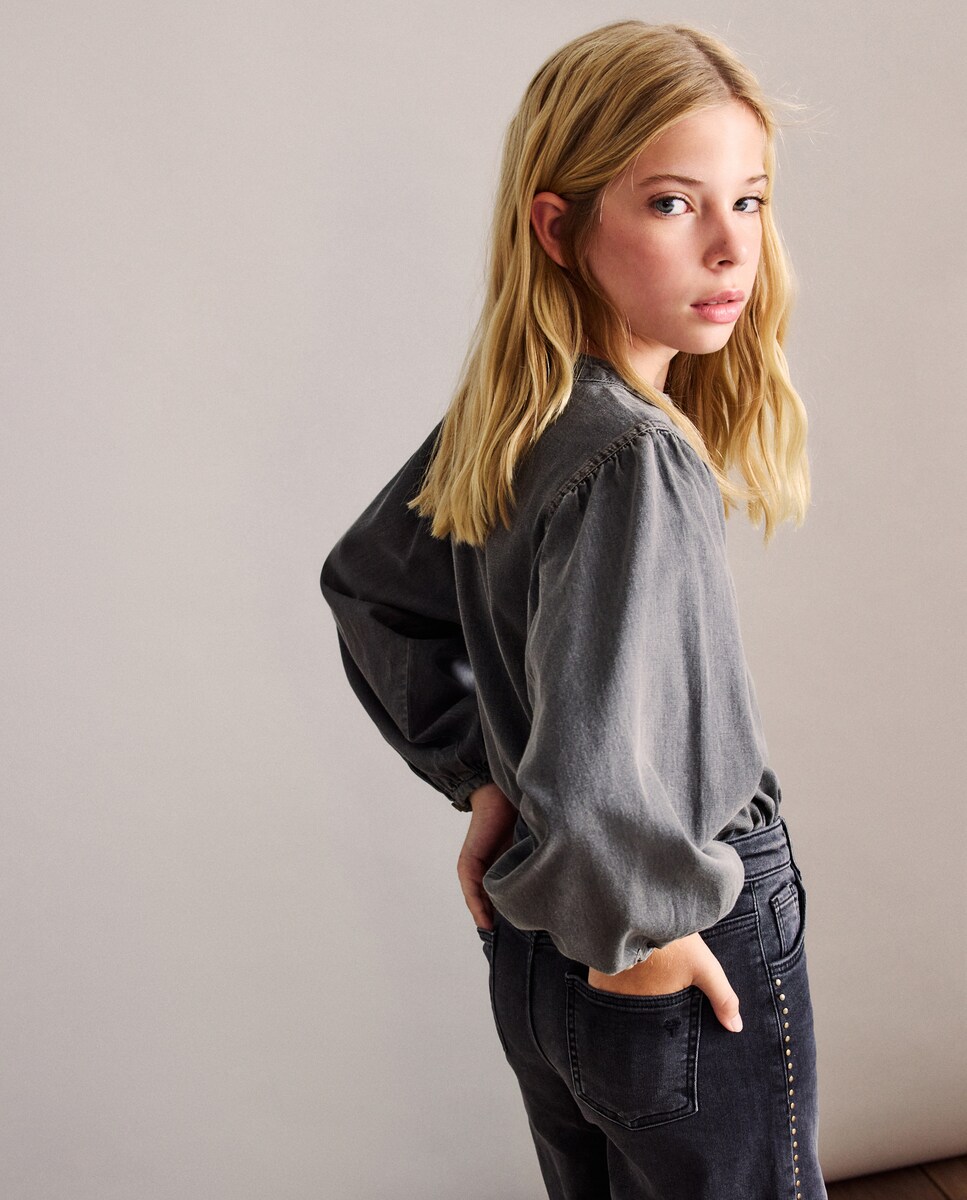 Blusa em Tecido de Ganga com volume e Manga Comprida Cinzento-3