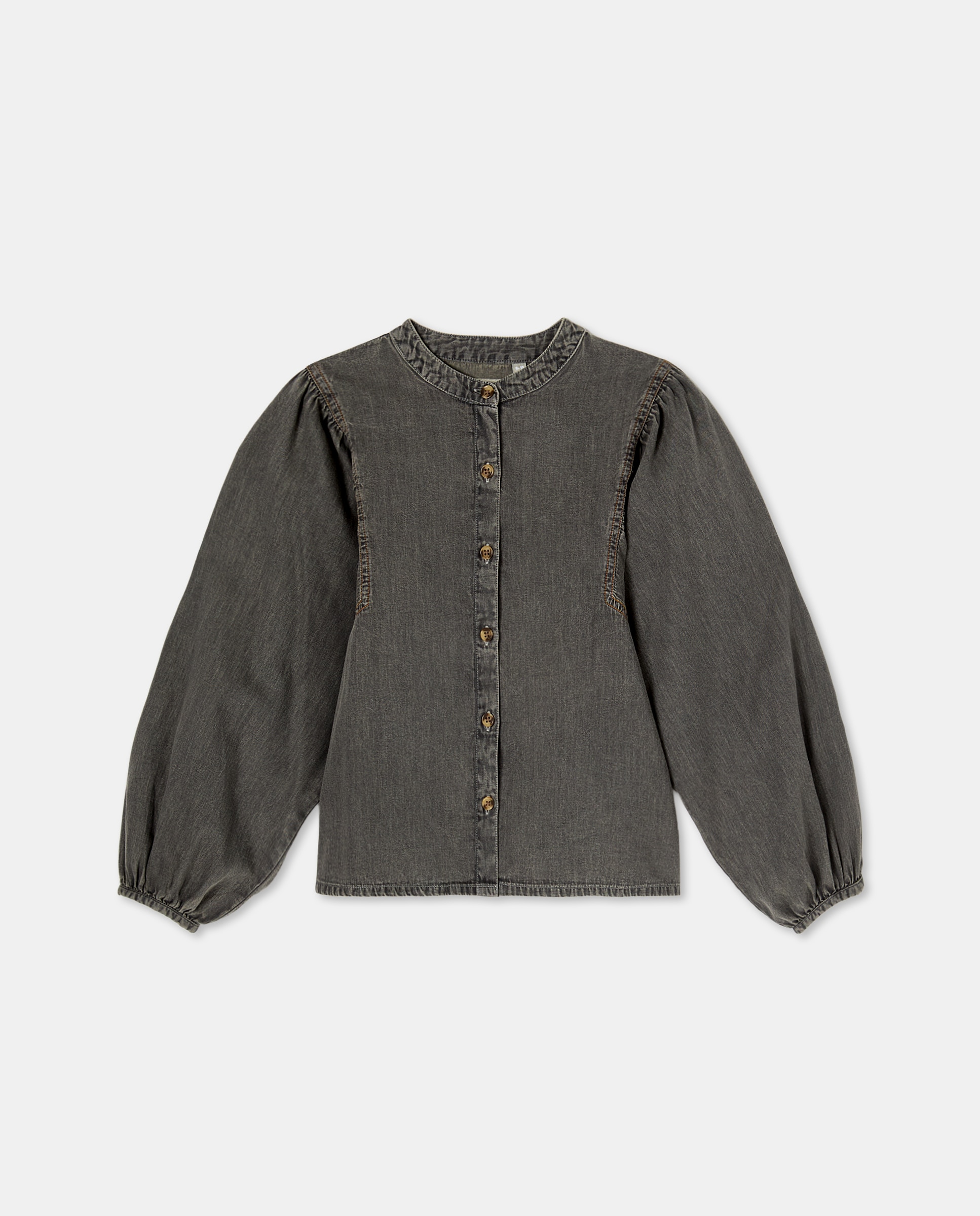 Blusa em Tecido de Ganga com volume e Manga Comprida Cinzento-5