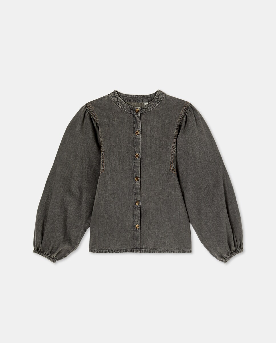 Blusa em Tecido de Ganga com volume e Manga Comprida Cinzento-5