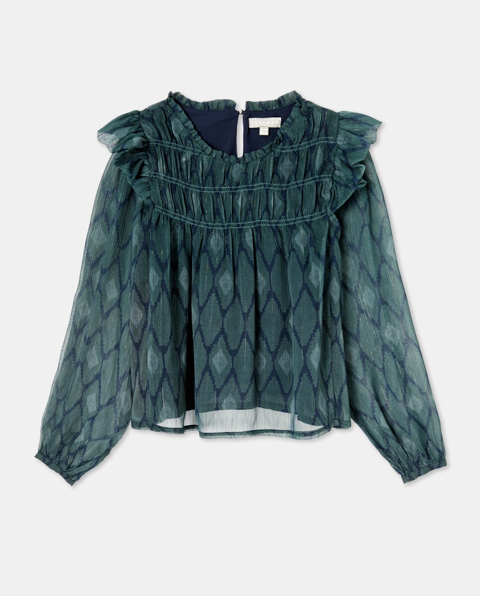 Blusa de Chiffon com Detalhe em Fio Metalizado, Franzidos e Manga Comprida Verde-4