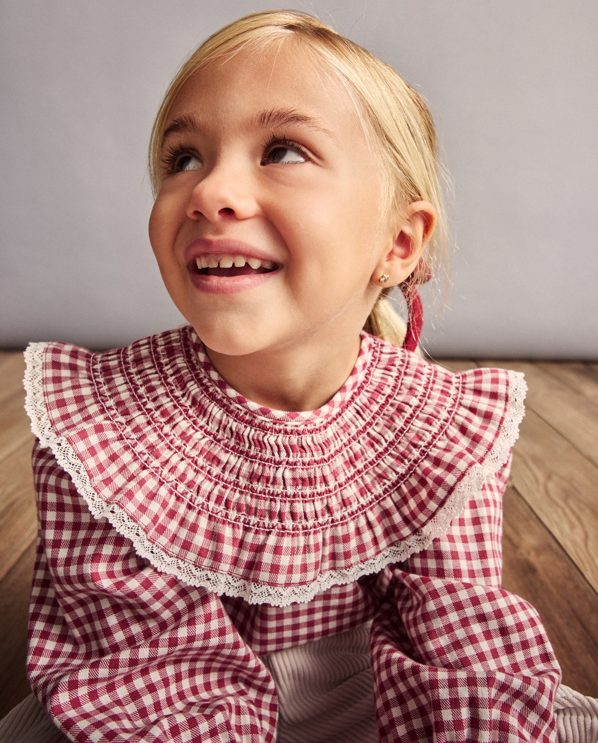 Blusa Vichy de Manga Comprida com Gola Grande e Smock à Máquina Vermelho-2